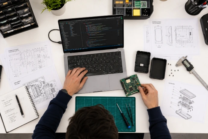 Overhead view of an engineer assembling an electronic prototype at a desk