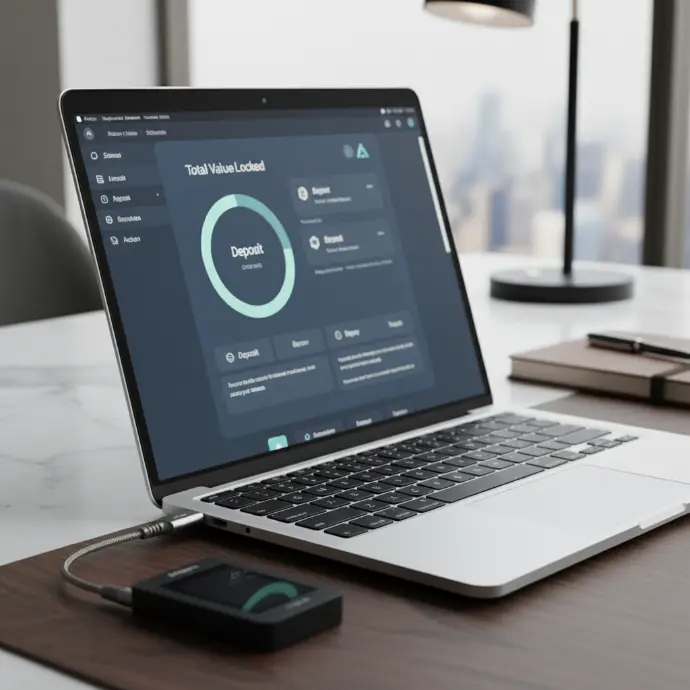 Laptop running crypto app with a connected hardware wallet